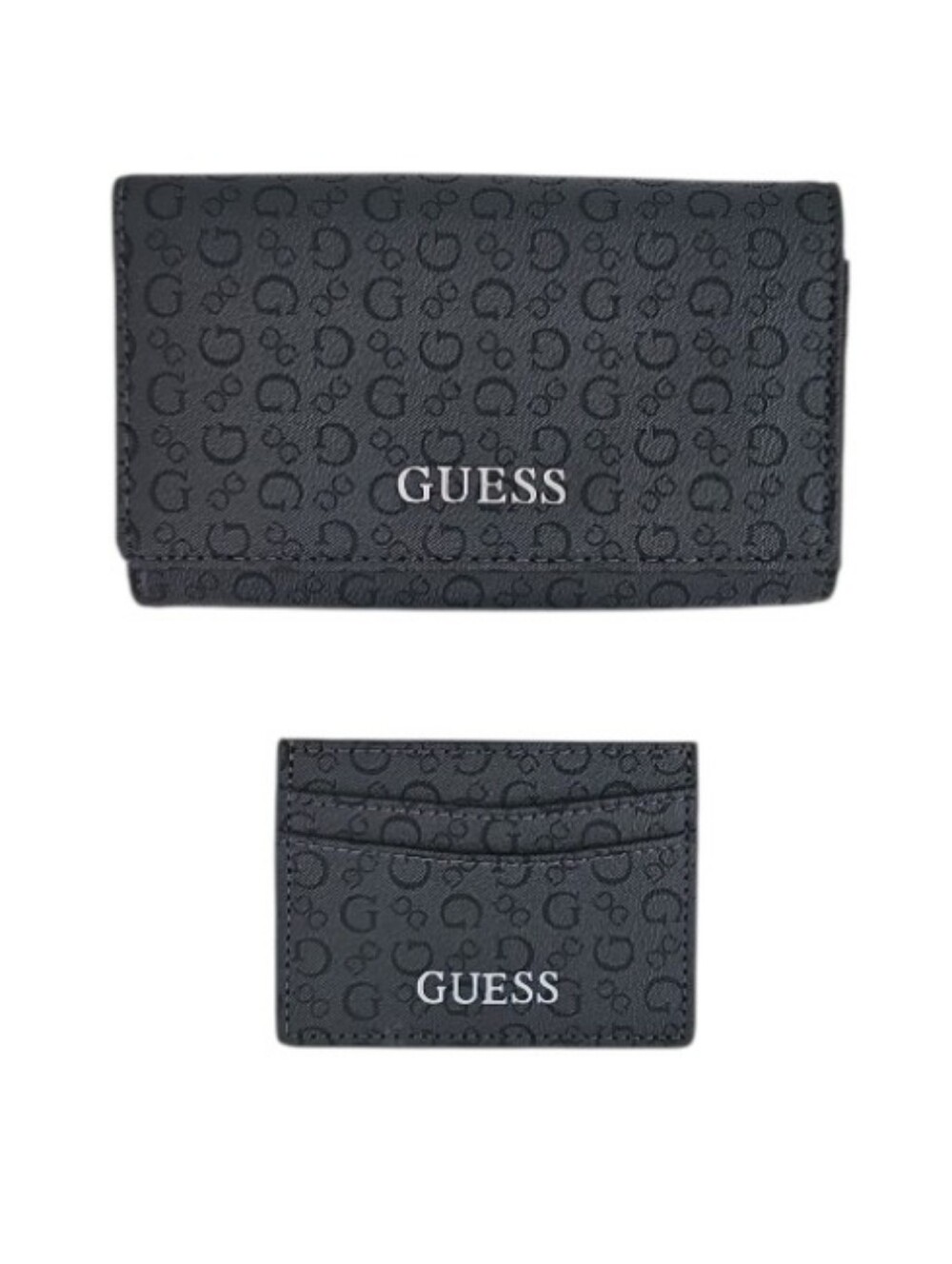 Guess Black Logo Wallet & Card Holder Set NWOT Zip Around Monogram PVC Gift Set